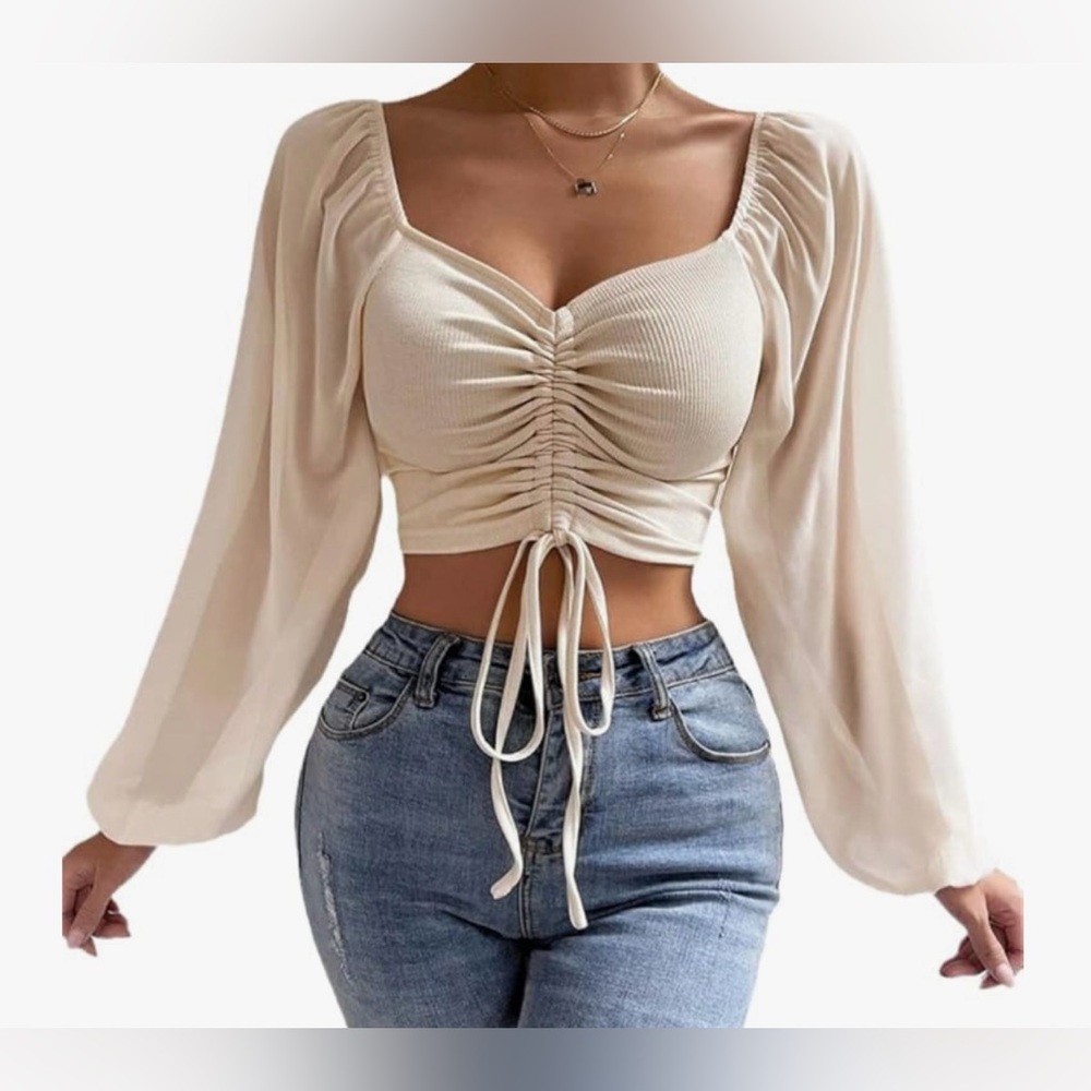SHEIN Cream Ruched Crop Blouse with Tie Front